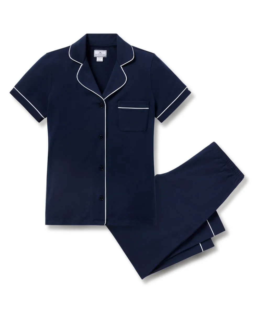 Women's Pima Crop Set in Navy with White Piping