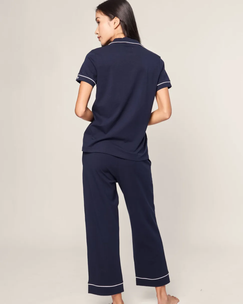 Women's Pima Crop Set in Navy with White Piping