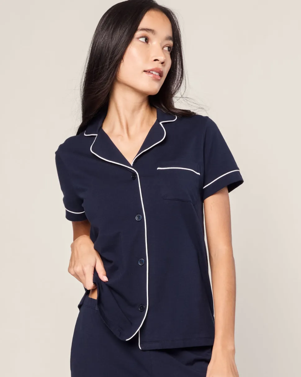 Women's Pima Crop Set in Navy with White Piping