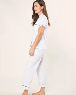 Women’s Pima Crop Set in White with Navy Piping