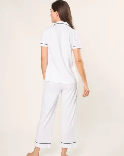 Women’s Pima Crop Set in White with Navy Piping