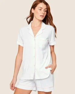 Women’s Pima Short Sleeve Short Set in White & Pink