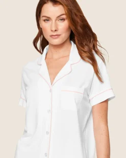 Women’s Pima Short Sleeve Short Set in White & Pink