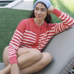 Women's Red and Cream Stripe Cropped Knit Cardigan