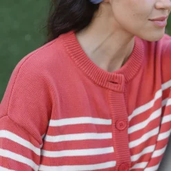 Women's Red and Cream Stripe Cropped Knit Cardigan