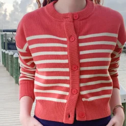 Women's Red and Cream Stripe Cropped Knit Cardigan