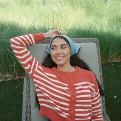 Women's Red and Cream Stripe Cropped Knit Cardigan