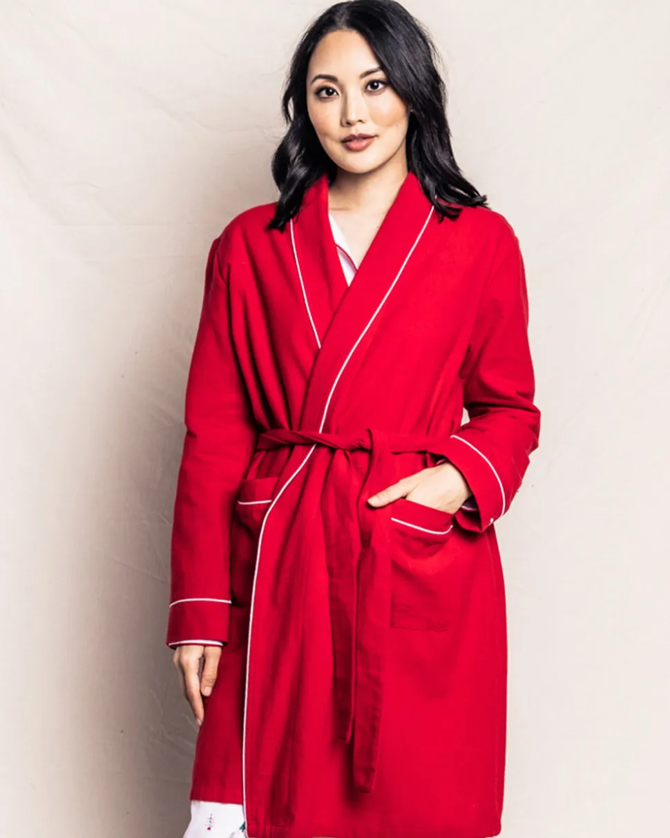 Women’s Red Flannel Robe with White Piping