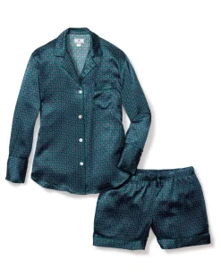 Women’s Silk Long Sleeve Short Set in Emerald Foulard