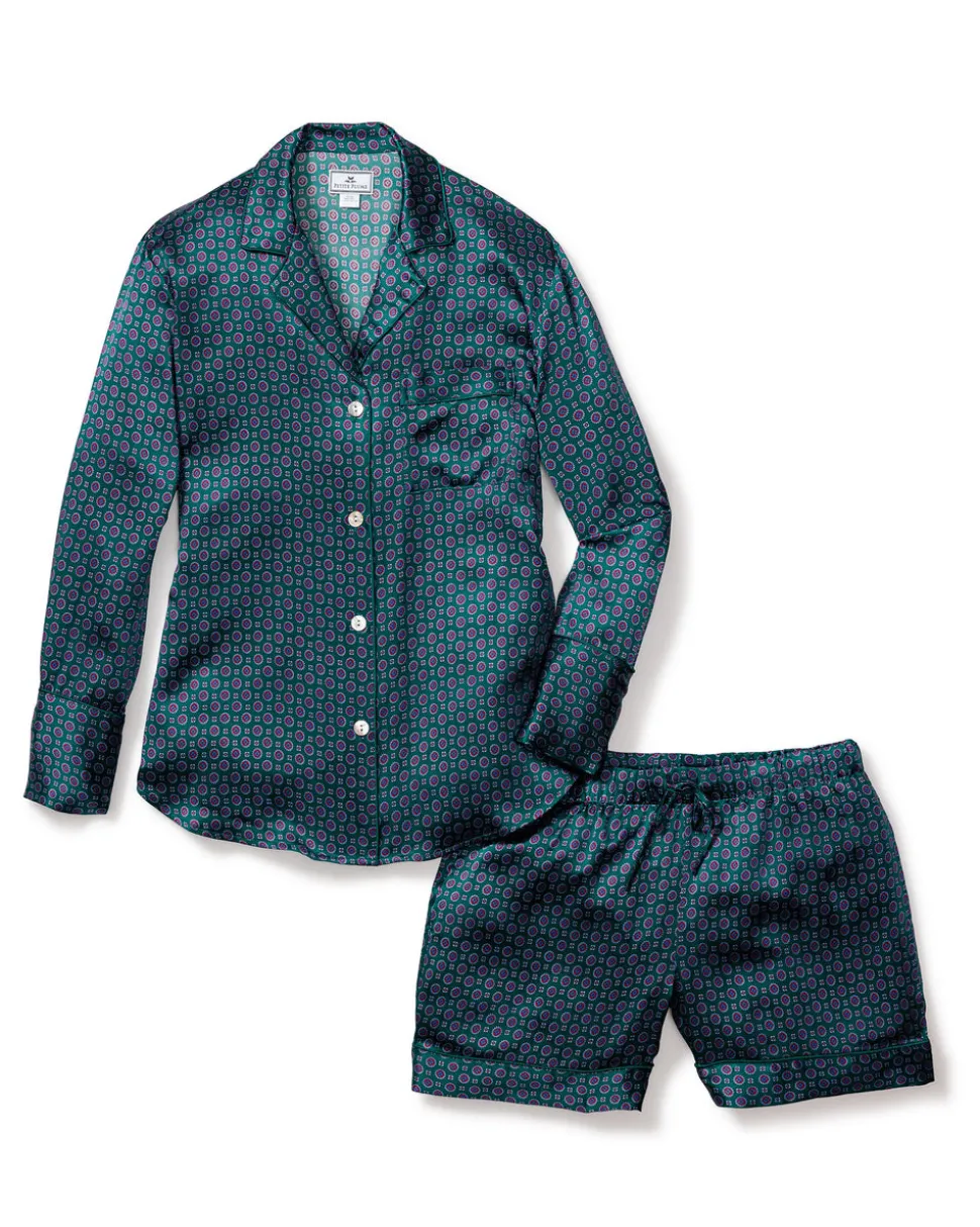 Women’s Silk Long Sleeve Short Set in Emerald Foulard