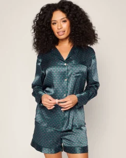 Women’s Silk Long Sleeve Short Set in Emerald Foulard