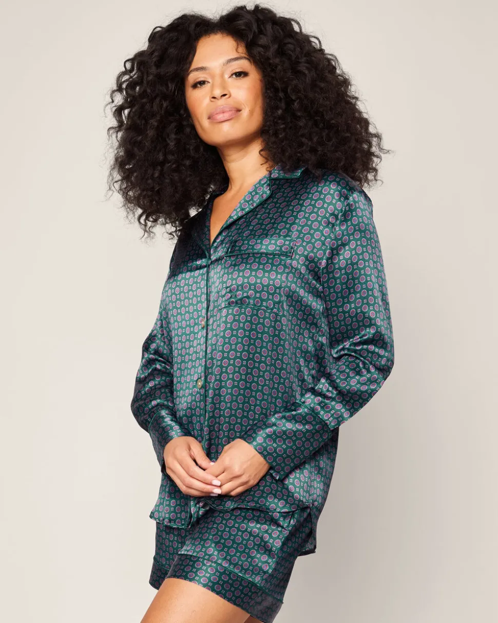 Women’s Silk Long Sleeve Short Set in Emerald Foulard