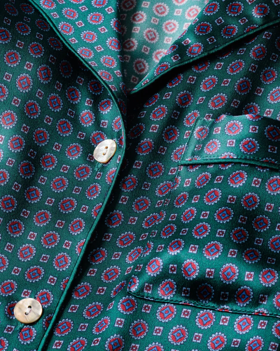 Women’s Silk Long Sleeve Short Set in Emerald Foulard