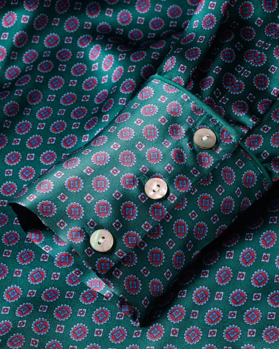 Women’s Silk Long Sleeve Short Set in Emerald Foulard