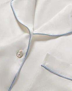 Women’s Silk Pajama Set White with Periwinkle Piping