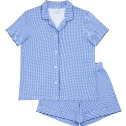 Women's Sky Blue Gingham Collared Shirt And Short Pima Pajamas Set
