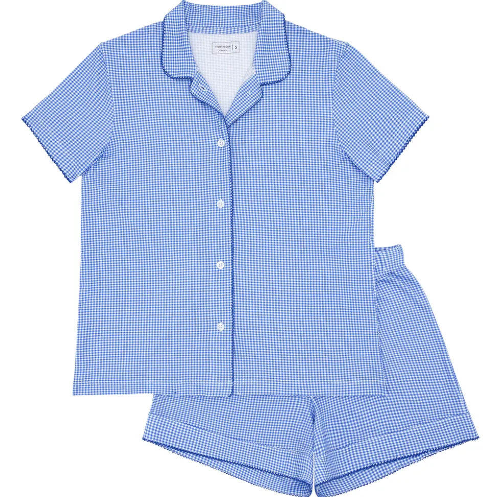 Women's Sky Blue Gingham Collared Shirt And Short Pima Pajamas Set