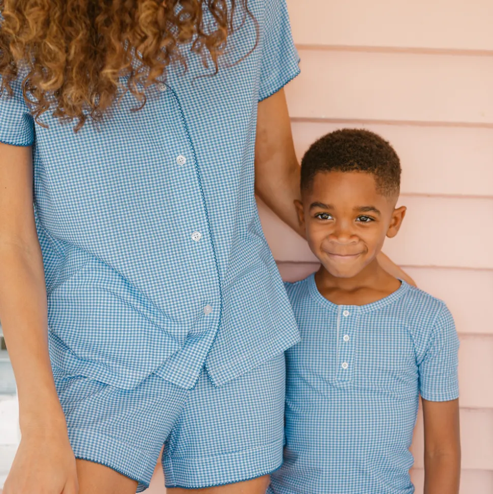 Women's Sky Blue Gingham Collared Shirt And Short Pima Pajamas Set