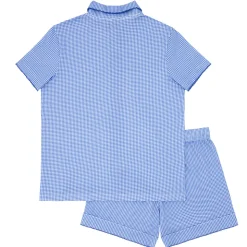 Women's Sky Blue Gingham Collared Shirt And Short Pima Pajamas Set