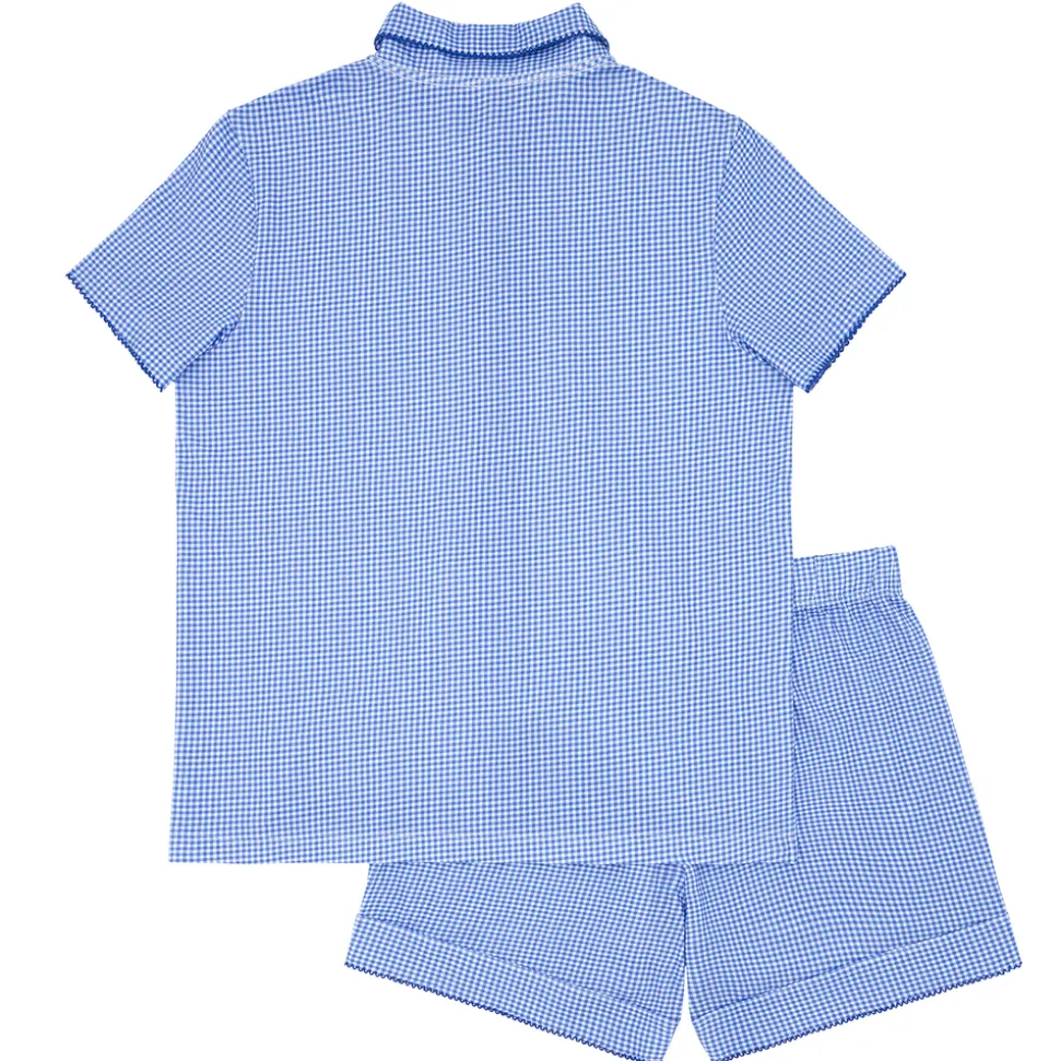 Women's Sky Blue Gingham Collared Shirt And Short Pima Pajamas Set