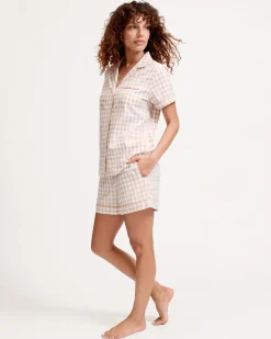 Women’s Twill Short Sleeve Short Set in Camel Gingham