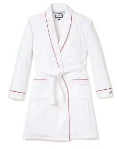 Women’s White Flannel Robe with Red Piping