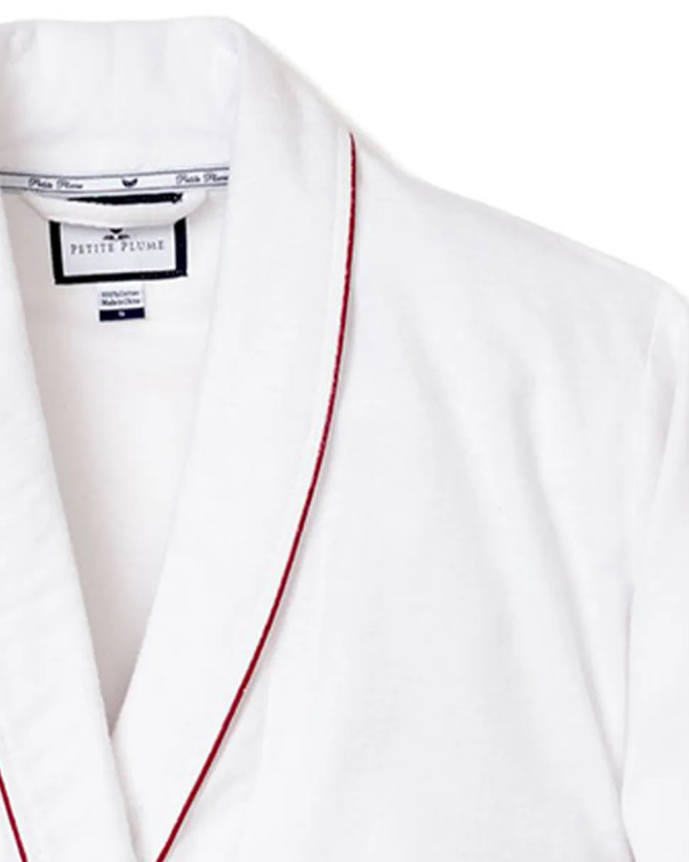 Women’s White Flannel Robe with Red Piping