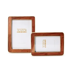 Wood Rounded Edge with Brass Photo Frames, Set of 2