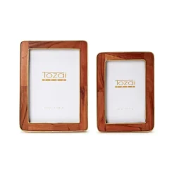 Wood Rounded Edge with Brass Photo Frames, Set of 2
