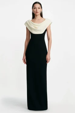 Wool Crepe Cowl Neck Gown in Black & Cream