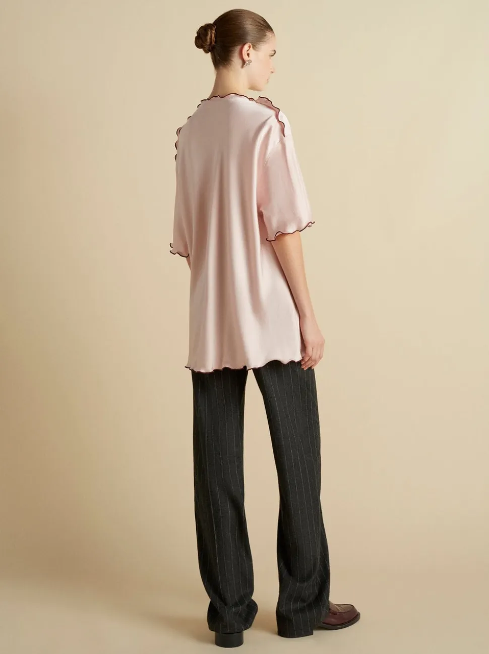 Wool Pinstripe Tailored Trouser in Charcoal & Camellia