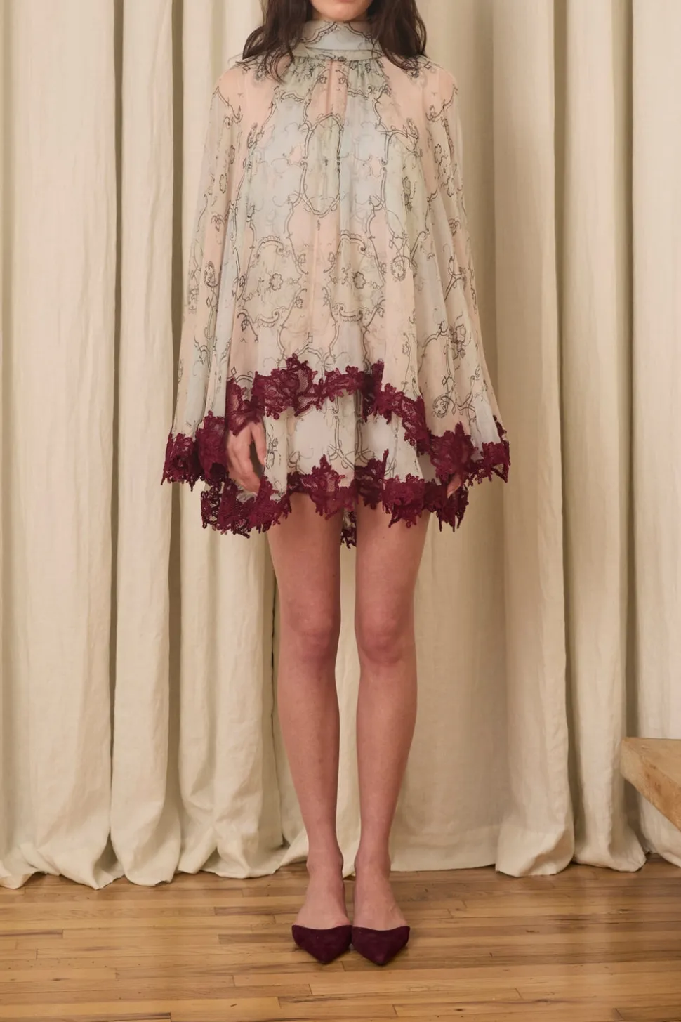 Wylie Scarf Dress in Printed Crinkled Chiffon with Mohair Lace Trim