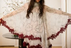 Wylie Scarf Dress in Printed Crinkled Chiffon with Mohair Lace Trim