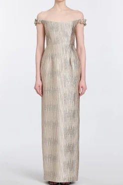 Yolanda Wavy Gold Brocade Gown